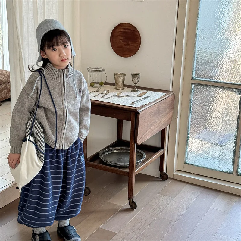 2026 Winter New Children Loose Trousers Cotton Boys Striped Casual Pants Baby Fleece Warm Pants Boy Girl Cotton Kids Clothes