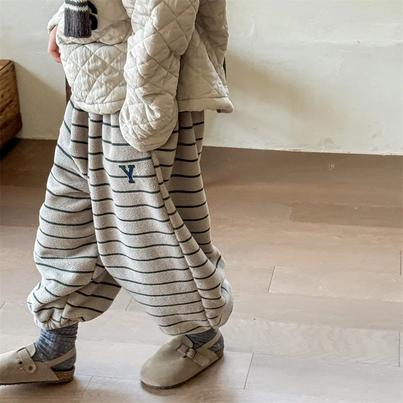2026 Winter New Children Loose Trousers Cotton Boys Striped Casual Pants Baby Fleece Warm Pants Boy Girl Cotton Kids Clothes