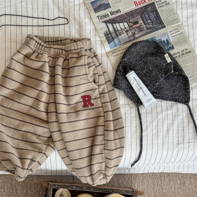 2026 Winter New Children Loose Trousers Cotton Boys Striped Casual Pants Baby Fleece Warm Pants Boy Girl Cotton Kids Clothes