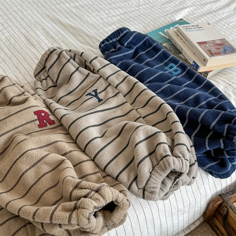 2026 Winter New Children Loose Trousers Cotton Boys Striped Casual Pants Baby Fleece Warm Pants Boy Girl Cotton Kids Clothes