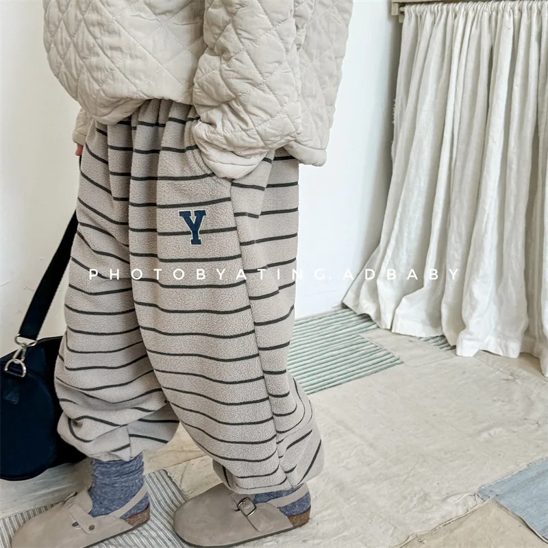 2026 Winter New Children Loose Trousers Cotton Boys Striped Casual Pants Baby Fleece Warm Pants Boy Girl Cotton Kids Clothes