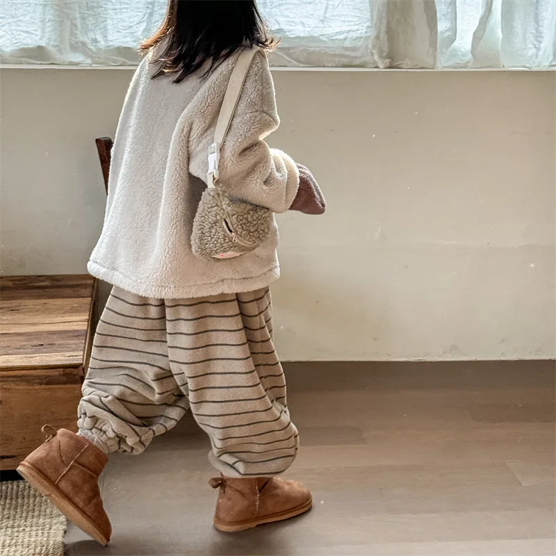 2026 Winter New Children Loose Trousers Cotton Boys Striped Casual Pants Baby Fleece Warm Pants Boy Girl Cotton Kids Clothes