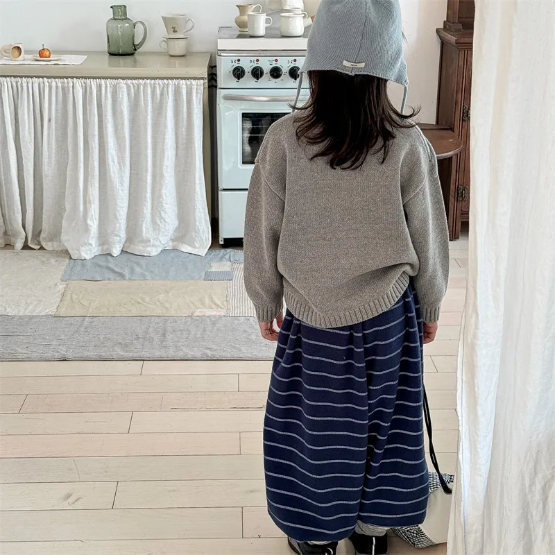 2026 Winter New Children Loose Trousers Cotton Boys Striped Casual Pants Baby Fleece Warm Pants Boy Girl Cotton Kids Clothes