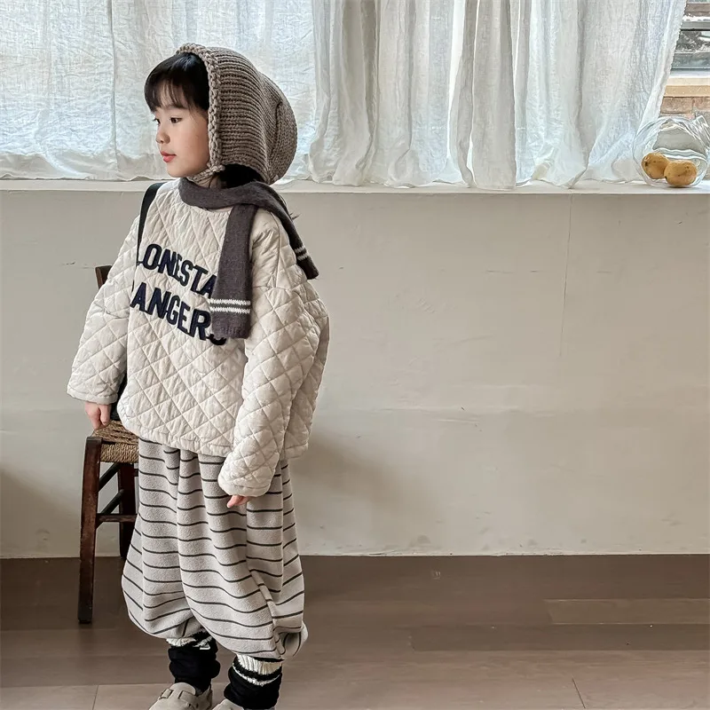 2026 Winter New Children Loose Trousers Cotton Boys Striped Casual Pants Baby Fleece Warm Pants Boy Girl Cotton Kids Clothes