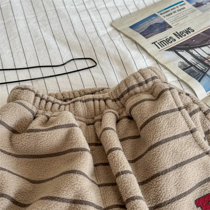 2026 Winter New Children Loose Trousers Cotton Boys Striped Casual Pants Baby Fleece Warm Pants Boy Girl Cotton Kids Clothes