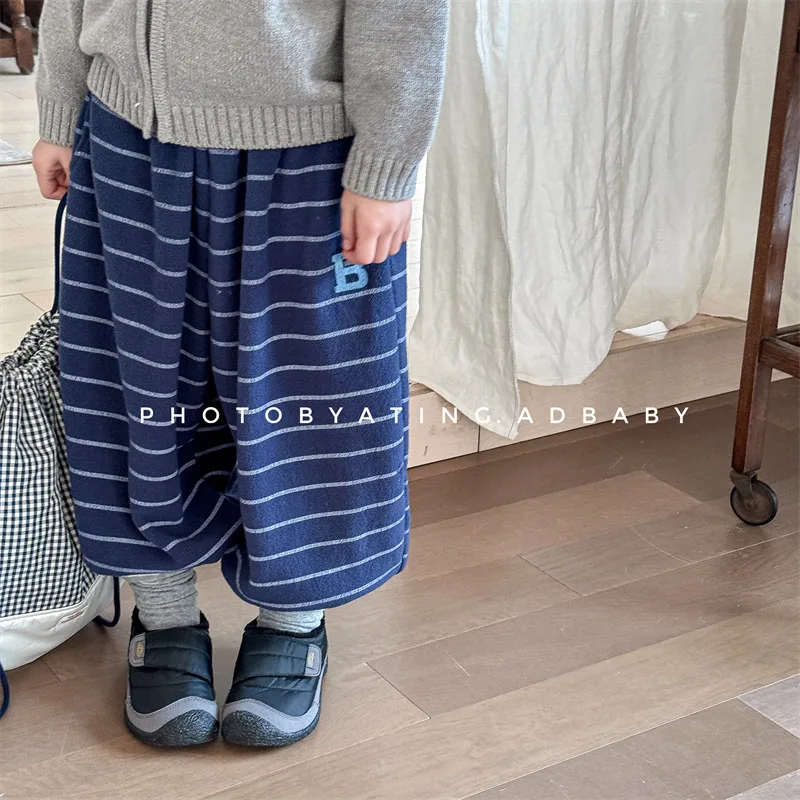 2026 Winter New Children Loose Trousers Cotton Boys Striped Casual Pants Baby Fleece Warm Pants Boy Girl Cotton Kids Clothes