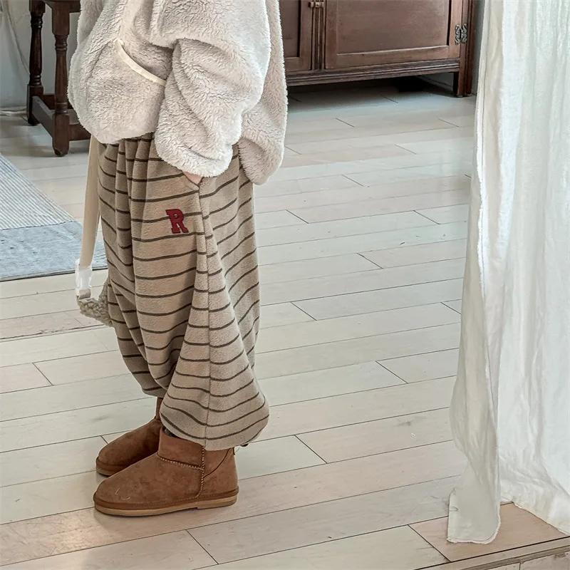 2026 Winter New Children Loose Trousers Cotton Boys Striped Casual Pants Baby Fleece Warm Pants Boy Girl Cotton Kids Clothes