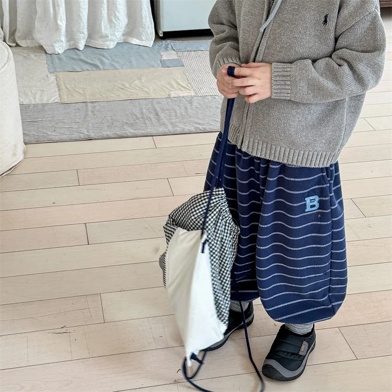 2026 Winter New Children Loose Trousers Cotton Boys Striped Casual Pants Baby Fleece Warm Pants Boy Girl Cotton Kids Clothes