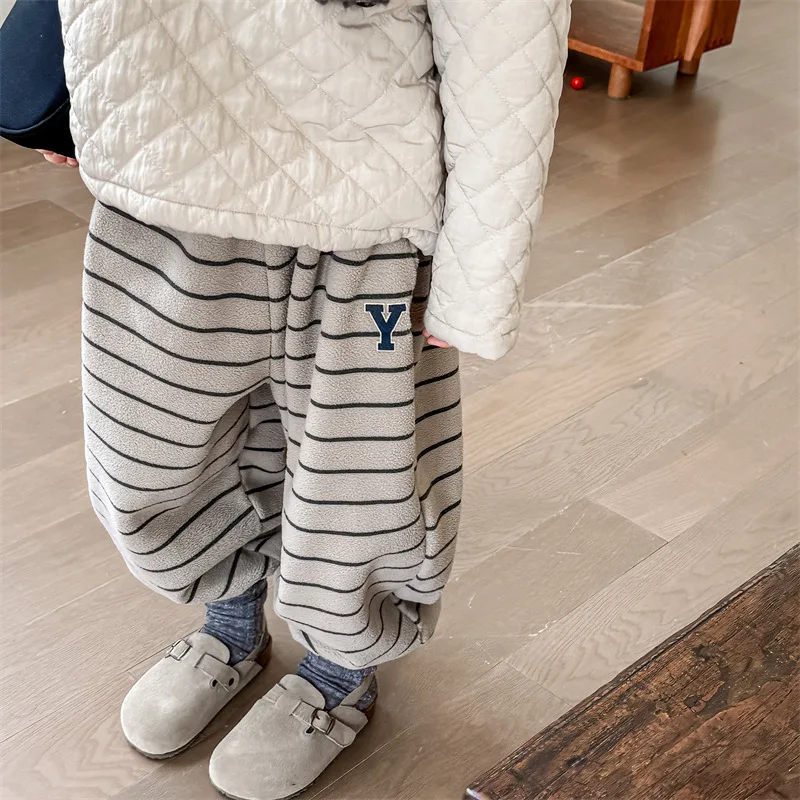 2026 Winter New Children Loose Trousers Cotton Boys Striped Casual Pants Baby Fleece Warm Pants Boy Girl Cotton Kids Clothes