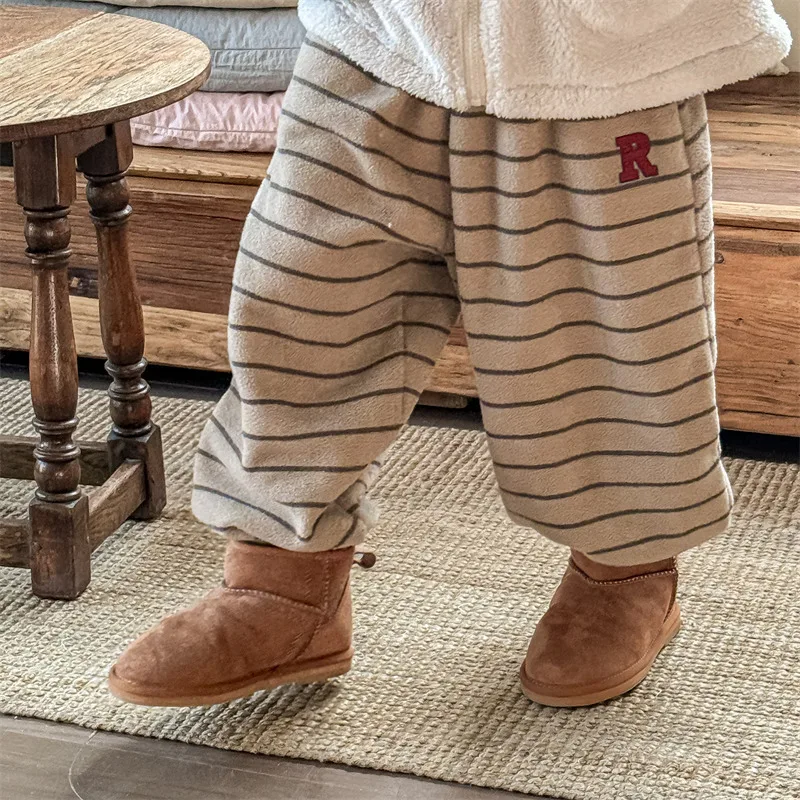 2026 Winter New Children Loose Trousers Cotton Boys Striped Casual Pants Baby Fleece Warm Pants Boy Girl Cotton Kids Clothes