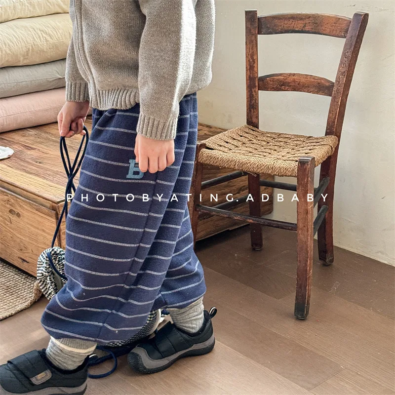 2026 Winter New Children Loose Trousers Cotton Boys Striped Casual Pants Baby Fleece Warm Pants Boy Girl Cotton Kids Clothes