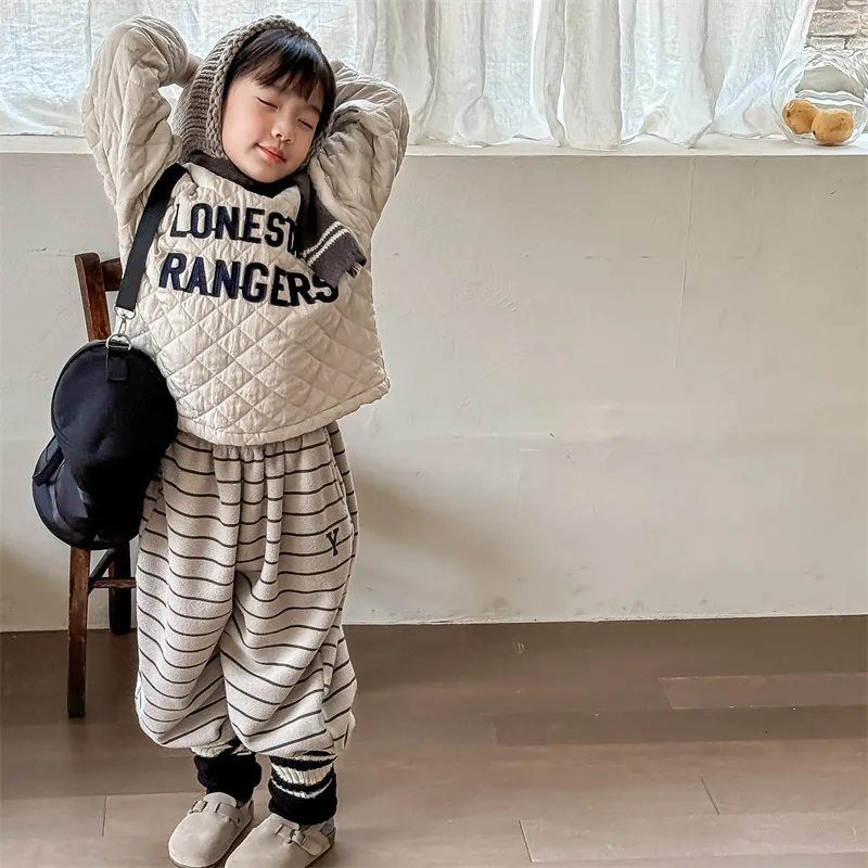 2026 Winter New Children Loose Trousers Cotton Boys Striped Casual Pants Baby Fleece Warm Pants Boy Girl Cotton Kids Clothes