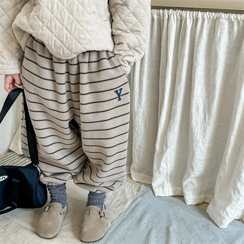 2026 Winter New Children Loose Trousers Cotton Boys Striped Casual Pants Baby Fleece Warm Pants Boy Girl Cotton Kids Clothes