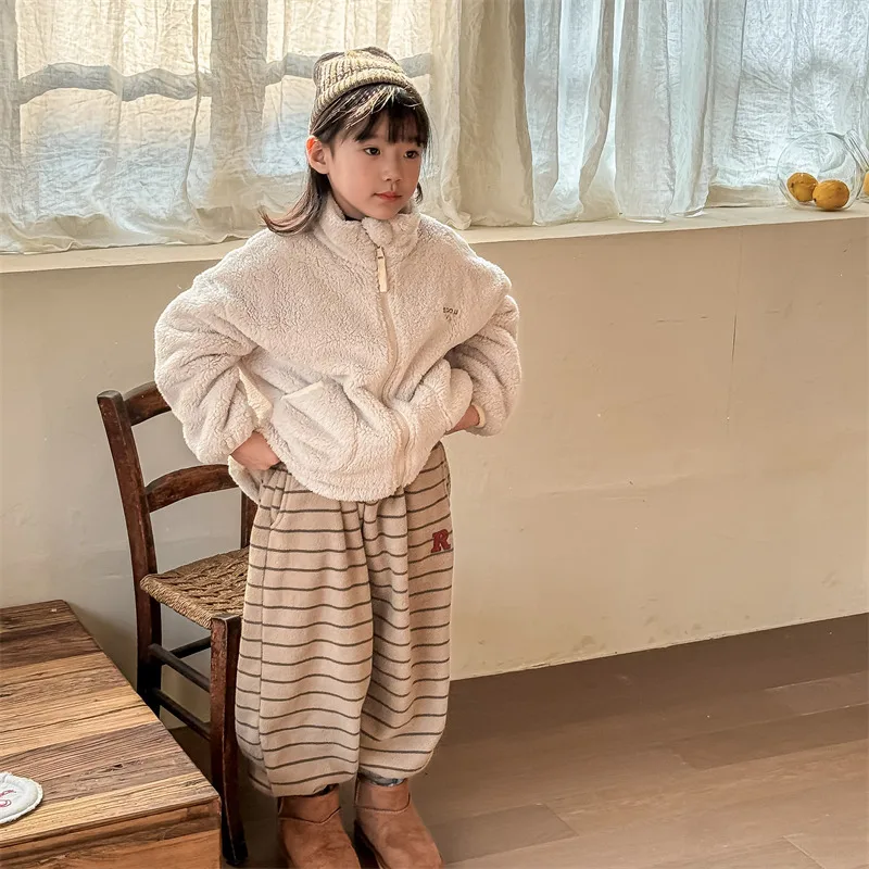 2026 Winter New Children Loose Trousers Cotton Boys Striped Casual Pants Baby Fleece Warm Pants Boy Girl Cotton Kids Clothes