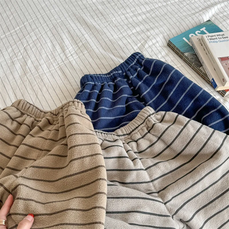 2026 Winter New Children Loose Trousers Cotton Boys Striped Casual Pants Baby Fleece Warm Pants Boy Girl Cotton Kids Clothes