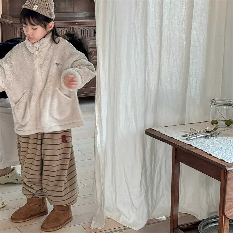 2026 Winter New Children Loose Trousers Cotton Boys Striped Casual Pants Baby Fleece Warm Pants Boy Girl Cotton Kids Clothes