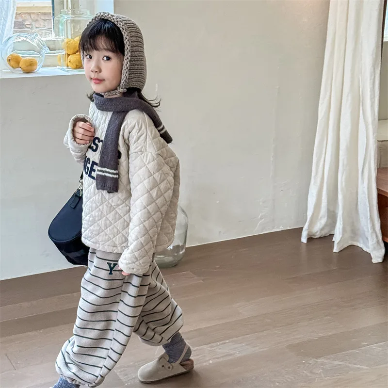 2026 Winter New Children Loose Trousers Cotton Boys Striped Casual Pants Baby Fleece Warm Pants Boy Girl Cotton Kids Clothes