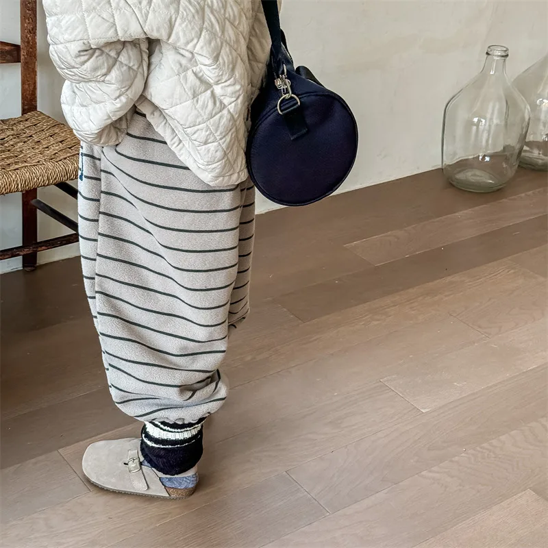 2026 Winter New Children Loose Trousers Cotton Boys Striped Casual Pants Baby Fleece Warm Pants Boy Girl Cotton Kids Clothes
