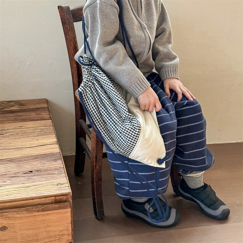 2026 Winter New Children Loose Trousers Cotton Boys Striped Casual Pants Baby Fleece Warm Pants Boy Girl Cotton Kids Clothes