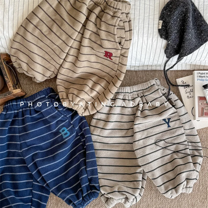 2026 Winter New Children Loose Trousers Cotton Boys Striped Casual Pants Baby Fleece Warm Pants Boy Girl Cotton Kids Clothes