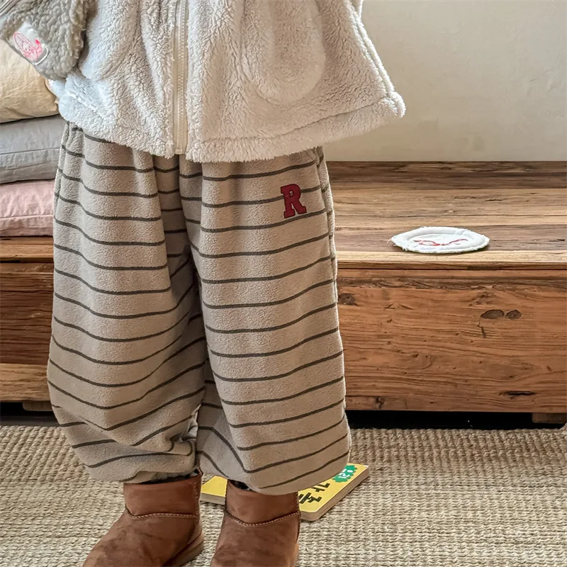 2026 Winter New Children Loose Trousers Cotton Boys Striped Casual Pants Baby Fleece Warm Pants Boy Girl Cotton Kids Clothes
