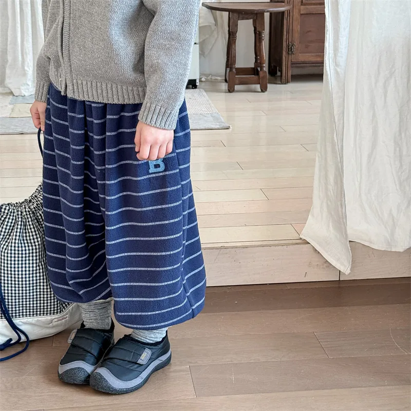 2026 Winter New Children Loose Trousers Cotton Boys Striped Casual Pants Baby Fleece Warm Pants Boy Girl Cotton Kids Clothes