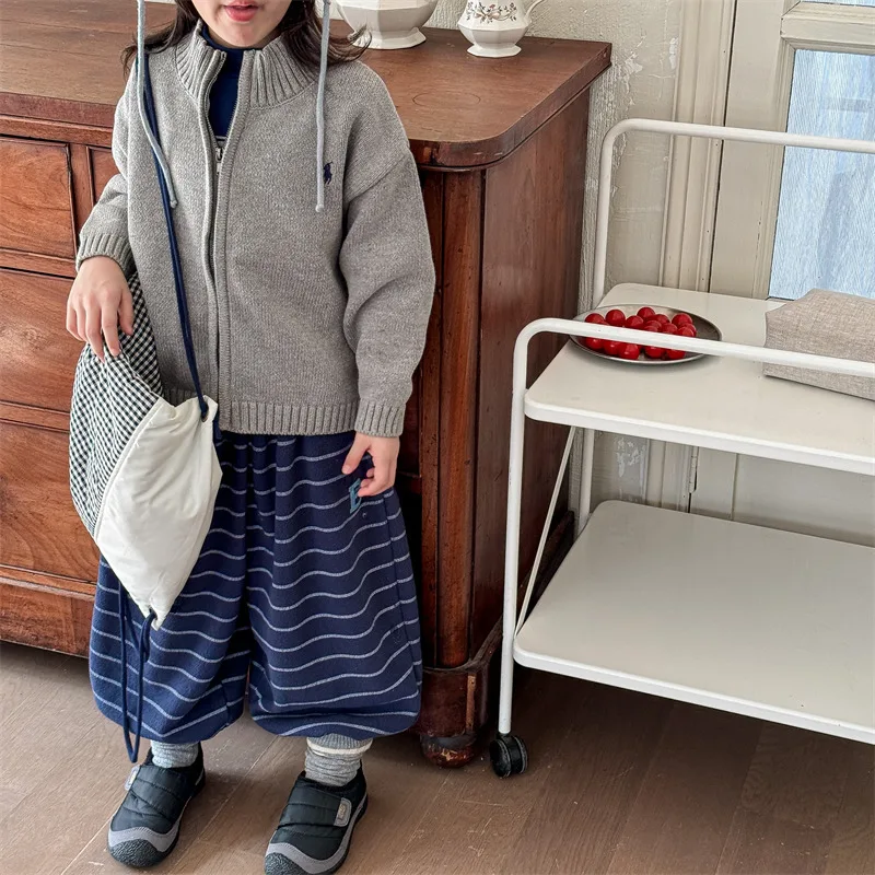 2026 Winter New Children Loose Trousers Cotton Boys Striped Casual Pants Baby Fleece Warm Pants Boy Girl Cotton Kids Clothes