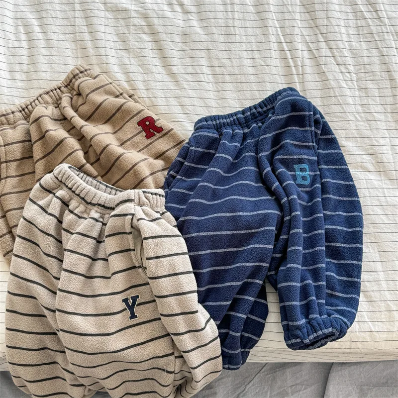2026 Winter New Children Loose Trousers Cotton Boys Striped Casual Pants Baby Fleece Warm Pants Boy Girl Cotton Kids Clothes