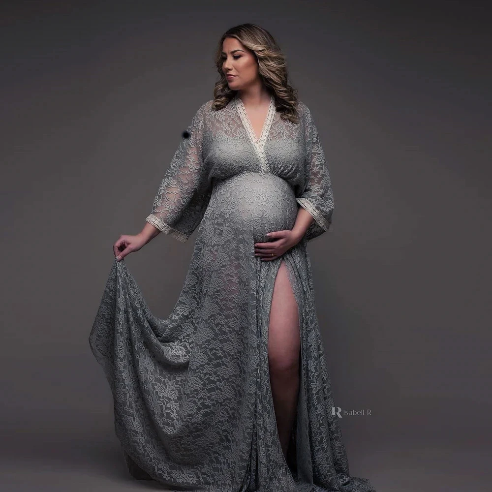Lace Boho Maternity Photography Dresses Sexy V-neck Chiffon Pregnancy Baby Showers Dress Pregnant Women Photo Shooting Gowns