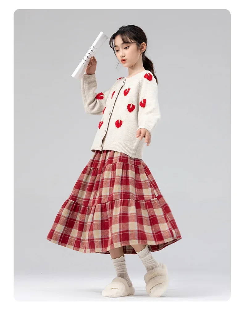 Classic Plaid Girls Woolen Skirt Autumn Winter Fashion Warm Mid-length Teen Children A-line Skirt Casual Elegant Princess Skirt