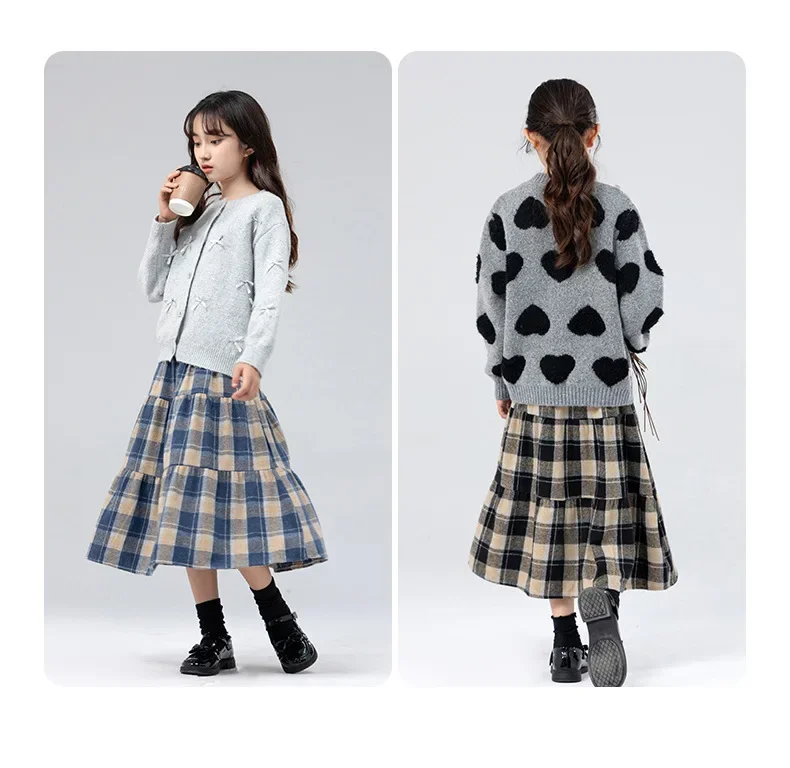 Classic Plaid Girls Woolen Skirt Autumn Winter Fashion Warm Mid-length Teen Children A-line Skirt Casual Elegant Princess Skirt
