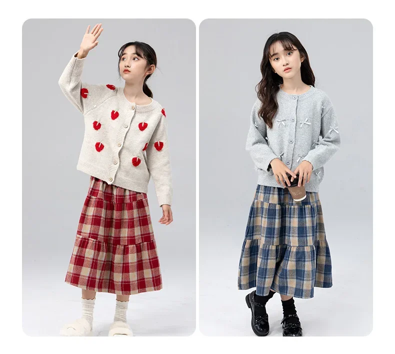 Classic Plaid Girls Woolen Skirt Autumn Winter Fashion Warm Mid-length Teen Children A-line Skirt Casual Elegant Princess Skirt