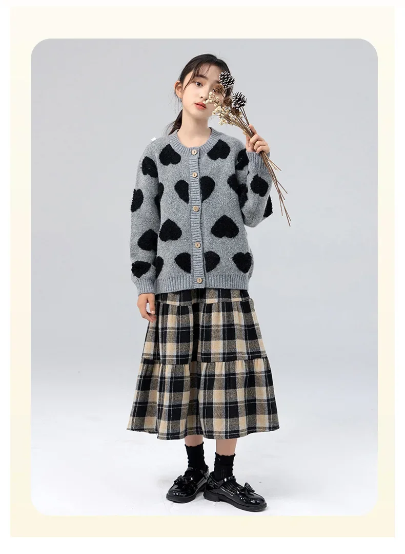 Classic Plaid Girls Woolen Skirt Autumn Winter Fashion Warm Mid-length Teen Children A-line Skirt Casual Elegant Princess Skirt