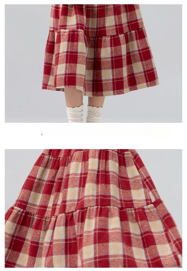 Classic Plaid Girls Woolen Skirt Autumn Winter Fashion Warm Mid-length Teen Children A-line Skirt Casual Elegant Princess Skirt