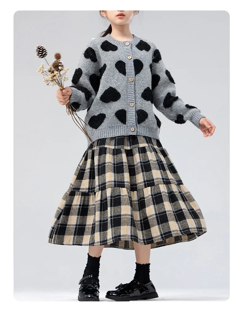 Classic Plaid Girls Woolen Skirt Autumn Winter Fashion Warm Mid-length Teen Children A-line Skirt Casual Elegant Princess Skirt