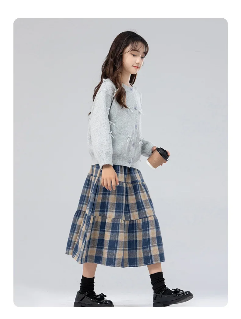 Classic Plaid Girls Woolen Skirt Autumn Winter Fashion Warm Mid-length Teen Children A-line Skirt Casual Elegant Princess Skirt