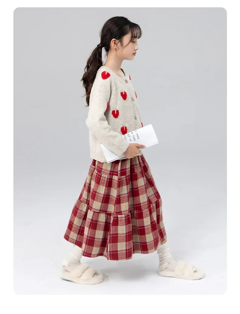 Classic Plaid Girls Woolen Skirt Autumn Winter Fashion Warm Mid-length Teen Children A-line Skirt Casual Elegant Princess Skirt