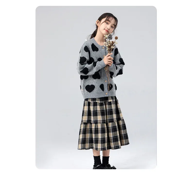 Classic Plaid Girls Woolen Skirt Autumn Winter Fashion Warm Mid-length Teen Children A-line Skirt Casual Elegant Princess Skirt