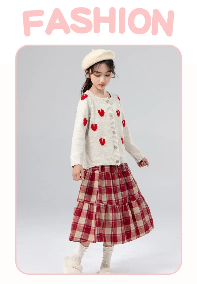 Classic Plaid Girls Woolen Skirt Autumn Winter Fashion Warm Mid-length Teen Children A-line Skirt Casual Elegant Princess Skirt