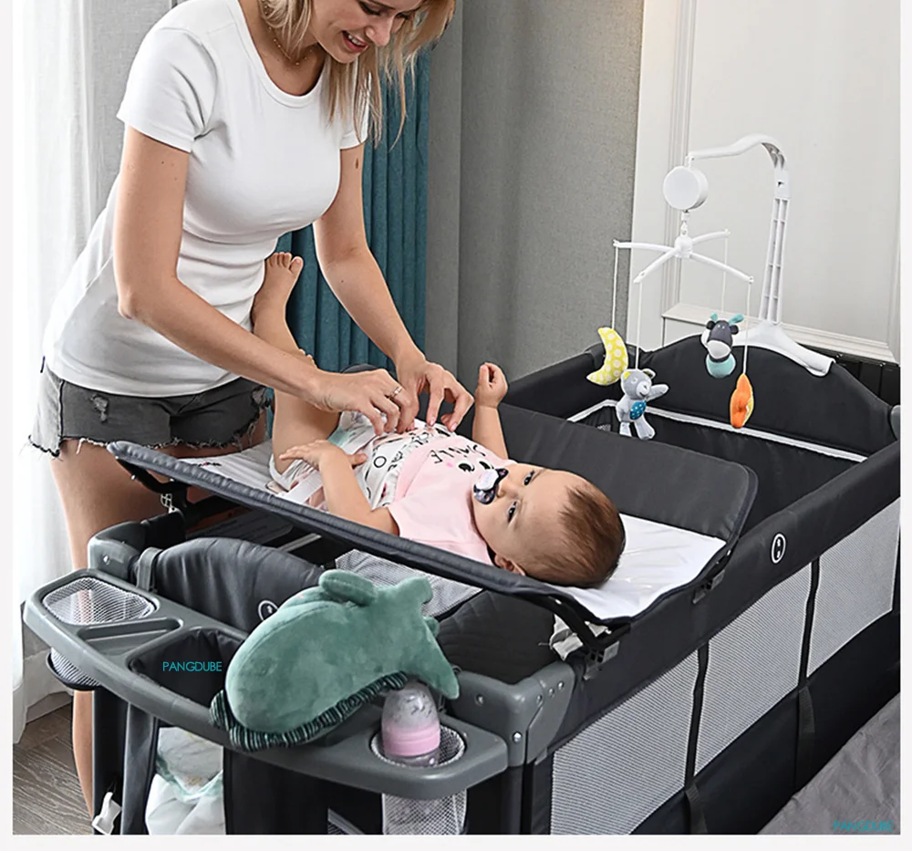 PANGDUBE 4-in-1 Baby Crib Multifunctional Convertible Bed with Rocker & Baby Playpen Newborn Changing Table Foldable Travel Cot