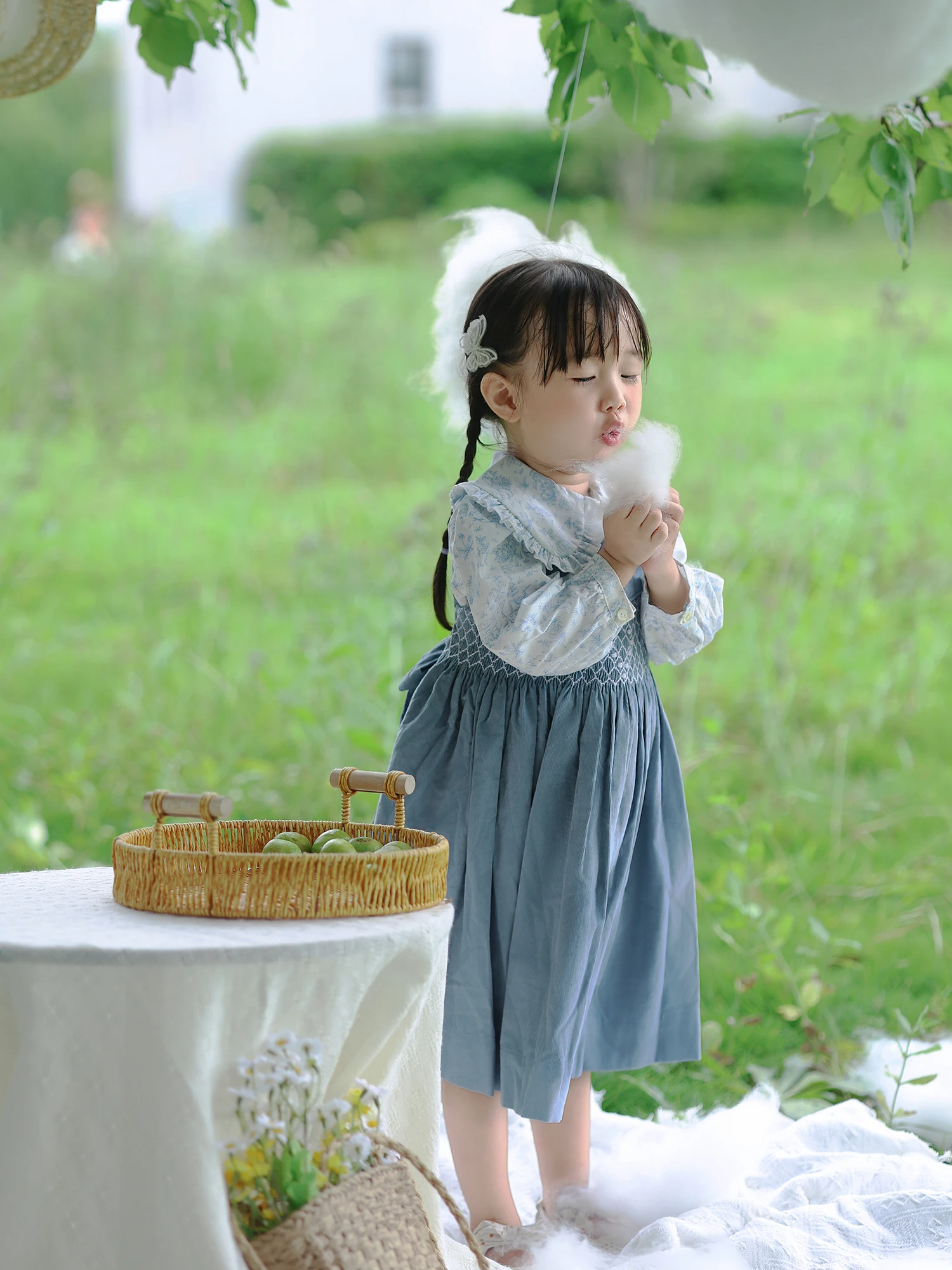 Girls Handmade Smocking 2Pcs Dress Set Blue Corduroy Vest Dress with White Long Sleeve Lapel Rabbit Print Shirt Outfit Clothing