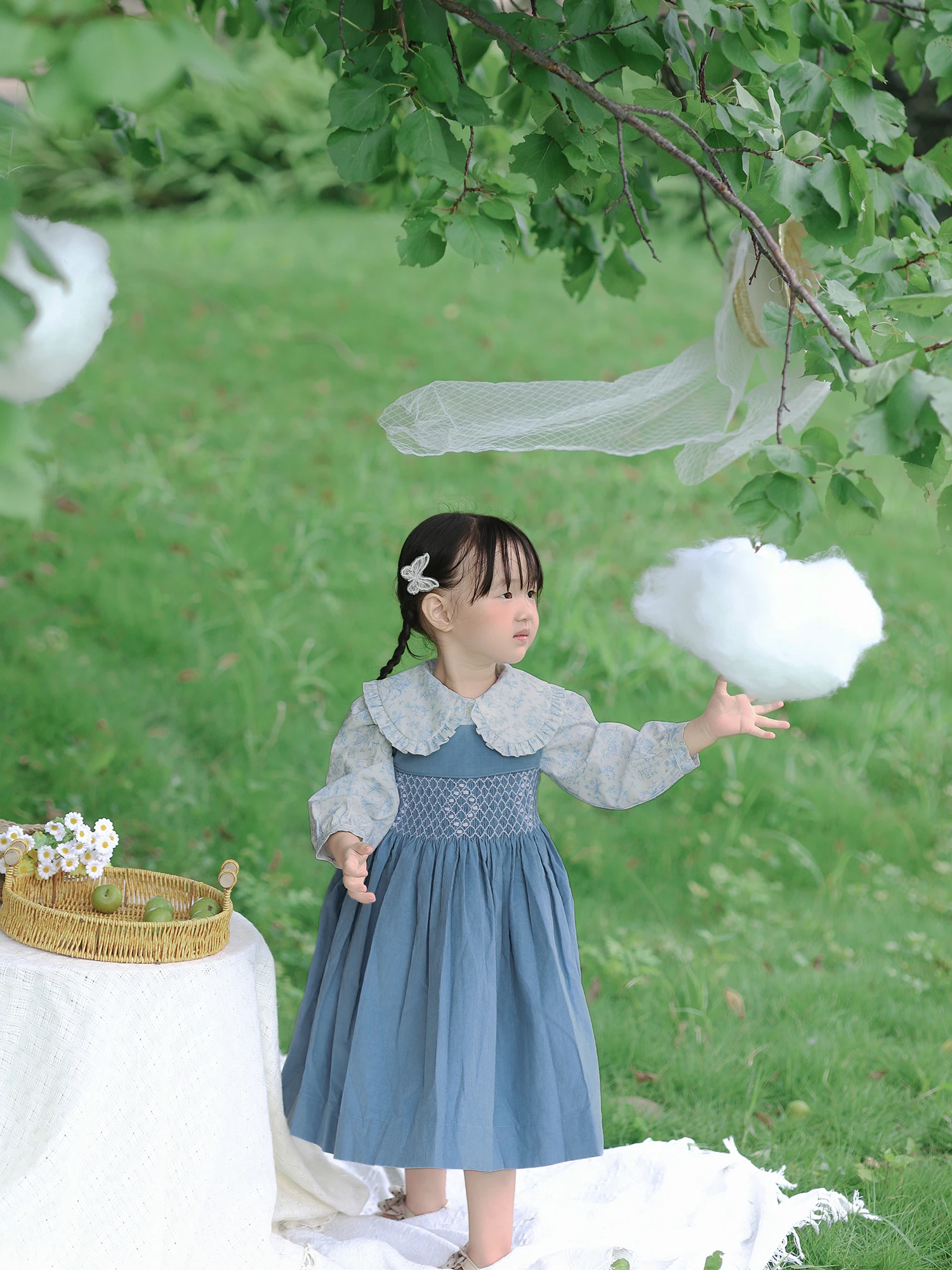Girls Handmade Smocking 2Pcs Dress Set Blue Corduroy Vest Dress with White Long Sleeve Lapel Rabbit Print Shirt Outfit Clothing
