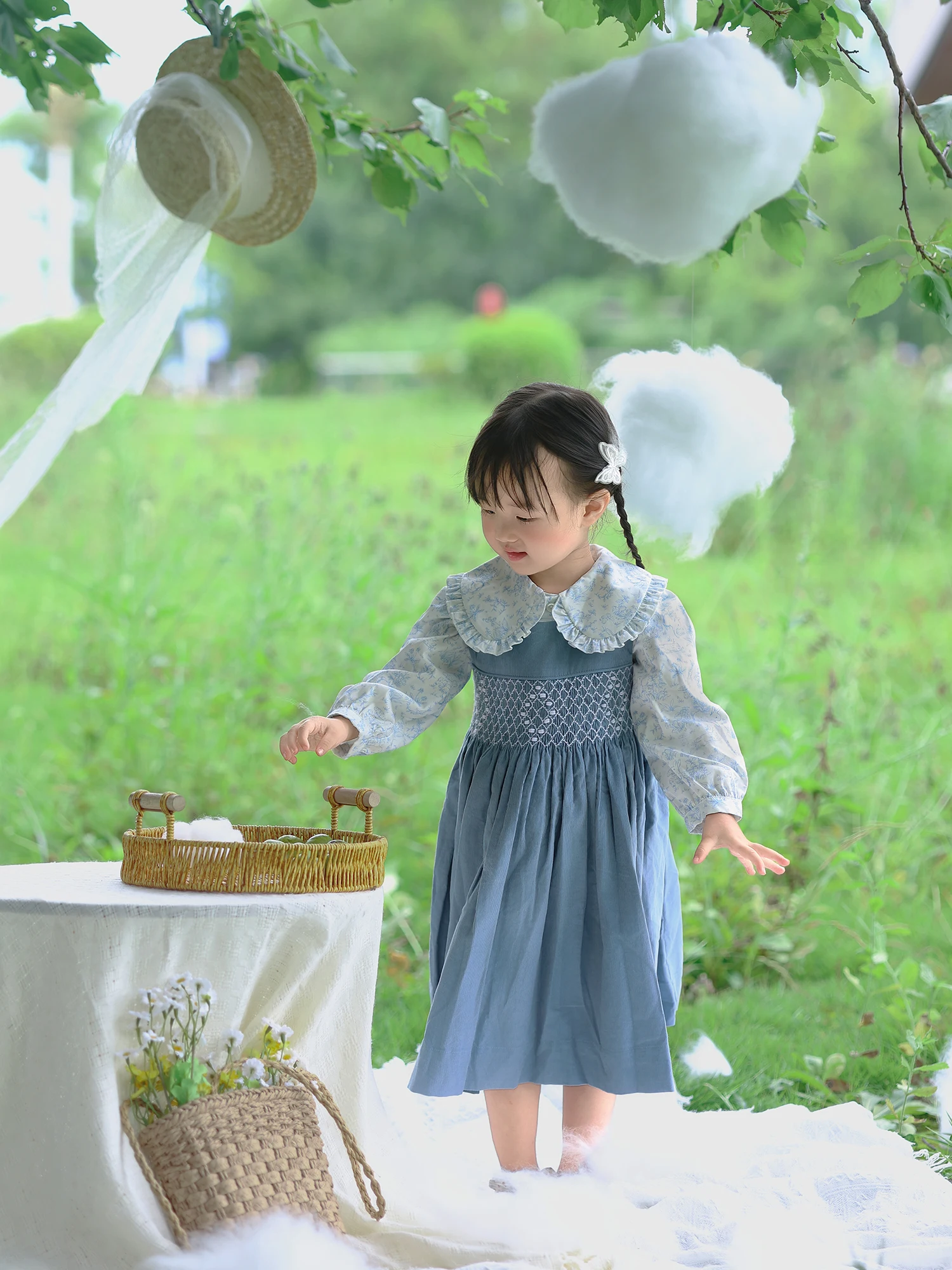 Girls Handmade Smocking 2Pcs Dress Set Blue Corduroy Vest Dress with White Long Sleeve Lapel Rabbit Print Shirt Outfit Clothing