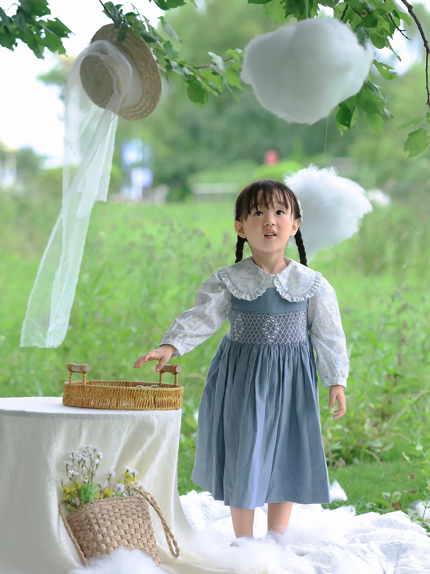 Girls Handmade Smocking 2Pcs Dress Set Blue Corduroy Vest Dress with White Long Sleeve Lapel Rabbit Print Shirt Outfit Clothing