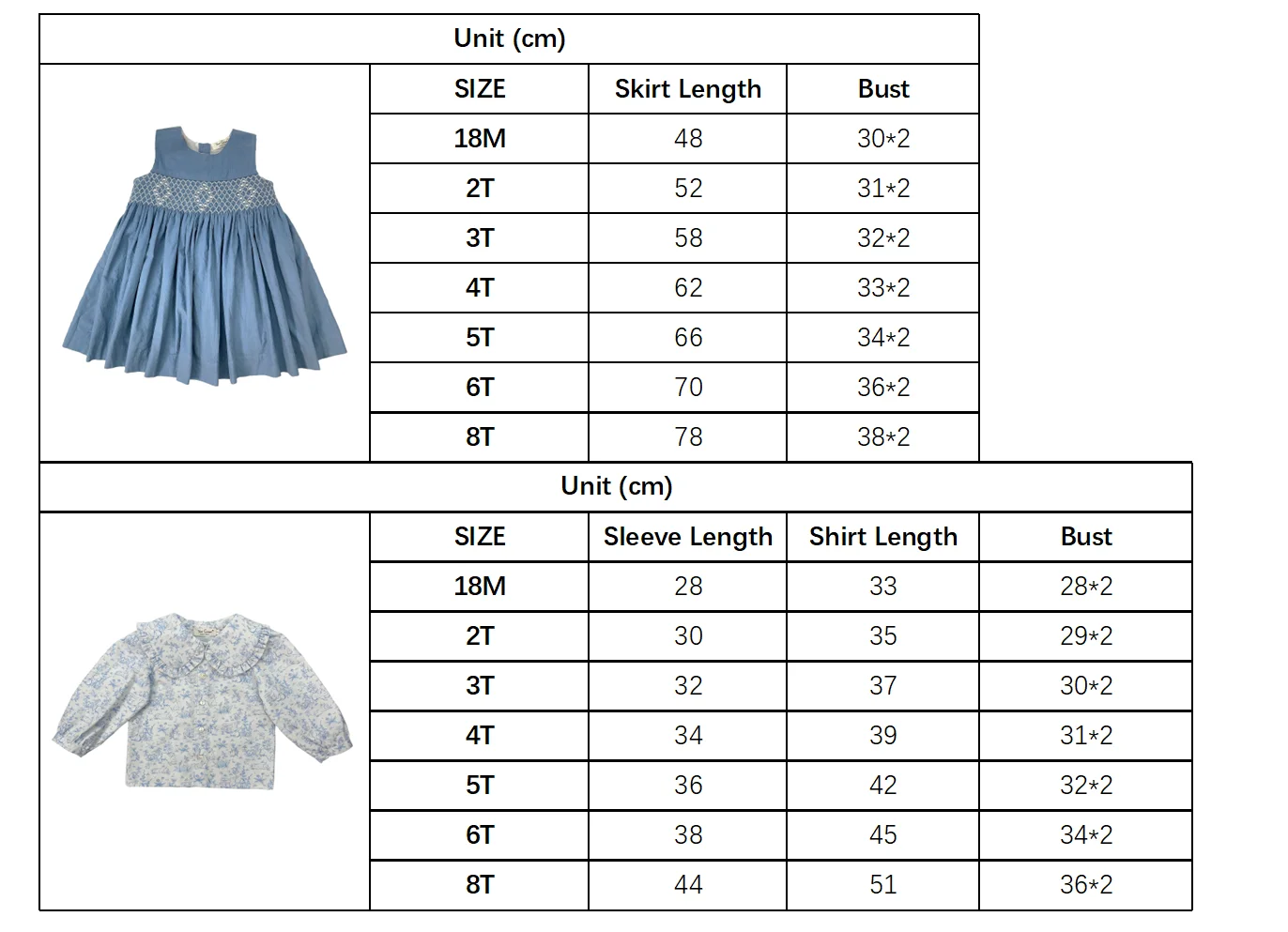 Girls Handmade Smocking 2Pcs Dress Set Blue Corduroy Vest Dress with White Long Sleeve Lapel Rabbit Print Shirt Outfit Clothing