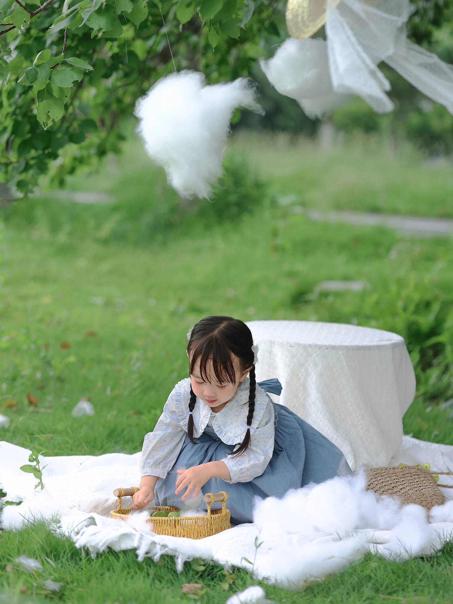 Girls Handmade Smocking 2Pcs Dress Set Blue Corduroy Vest Dress with White Long Sleeve Lapel Rabbit Print Shirt Outfit Clothing
