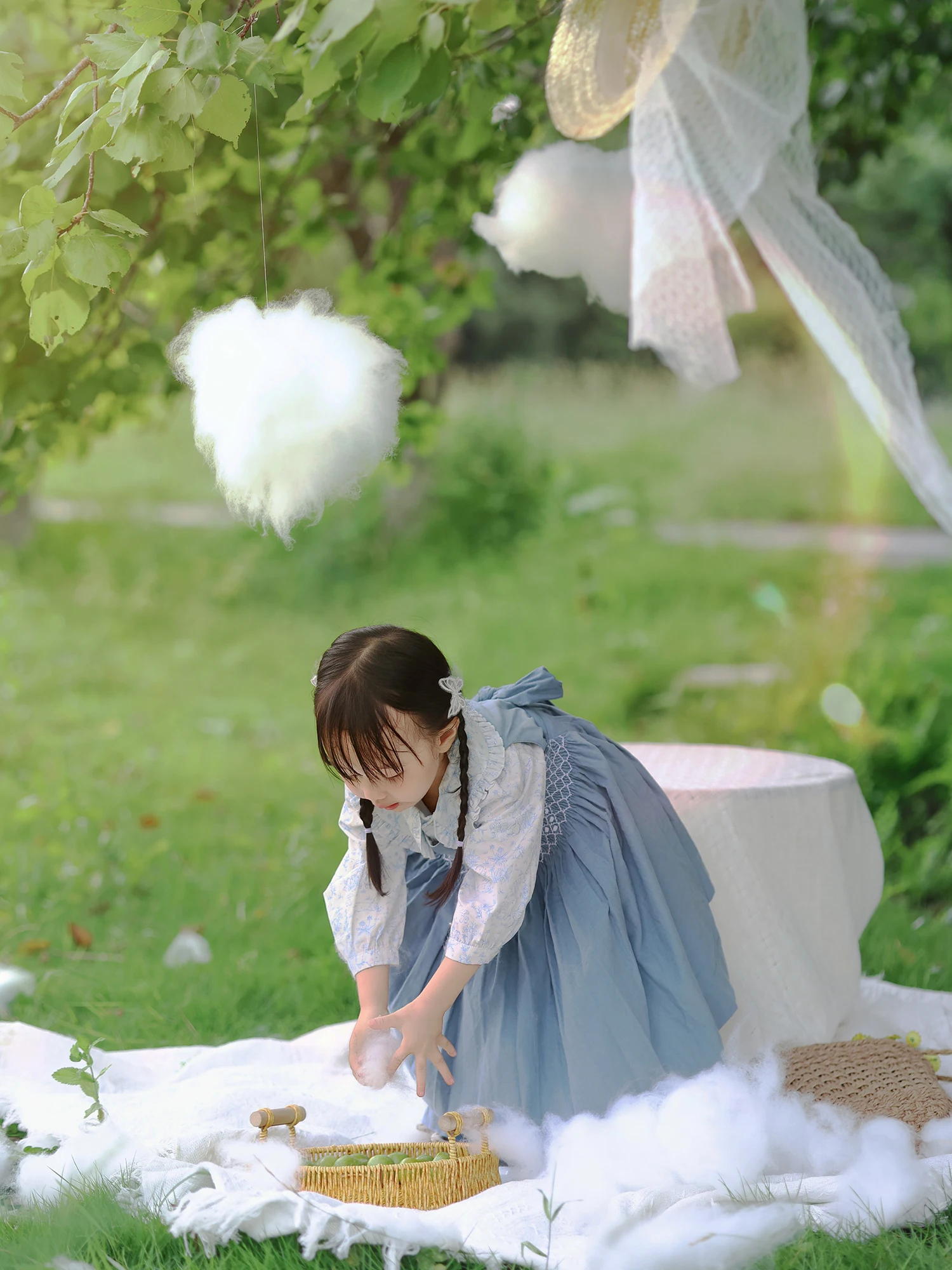 Girls Handmade Smocking 2Pcs Dress Set Blue Corduroy Vest Dress with White Long Sleeve Lapel Rabbit Print Shirt Outfit Clothing