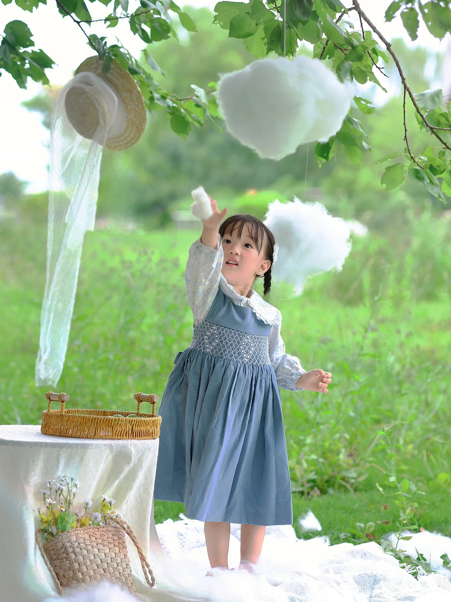 Girls Handmade Smocking 2Pcs Dress Set Blue Corduroy Vest Dress with White Long Sleeve Lapel Rabbit Print Shirt Outfit Clothing