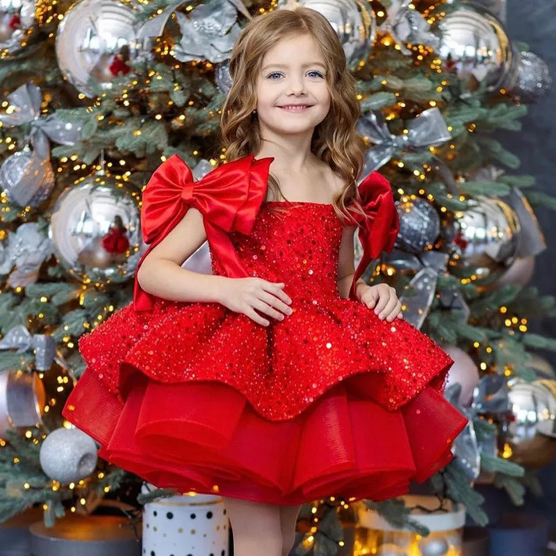 2026 New Christmas Children's Dress Flower Wedding Sequined Princess Skirt 2-10 Years Old Red Girl Dress Spot