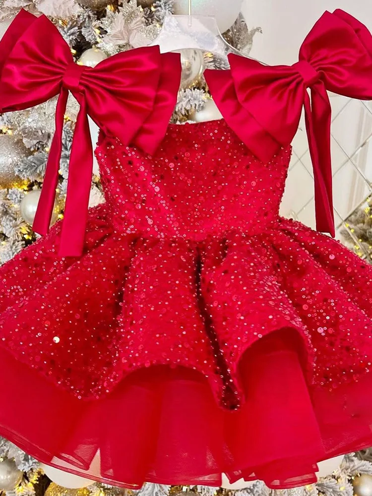 2026 New Christmas Children's Dress Flower Wedding Sequined Princess Skirt 2-10 Years Old Red Girl Dress Spot
